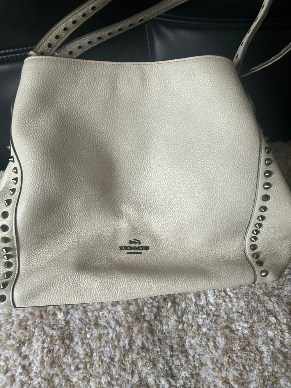 Coach Ivory Pebbled Leather Studded Shoulder Bag